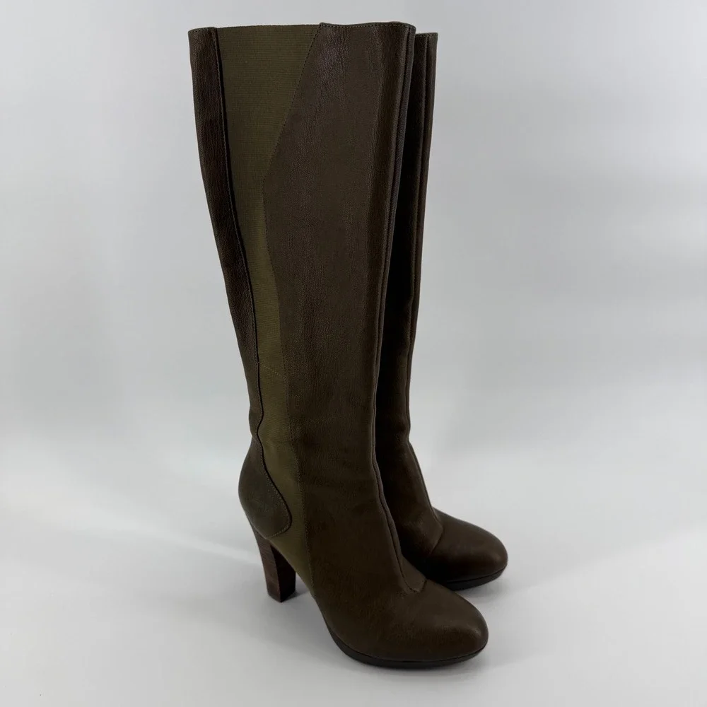 TSUBO Knee High Boots Womens 7 Tarian Olive Green Leather Side‎ Zip Block Heel